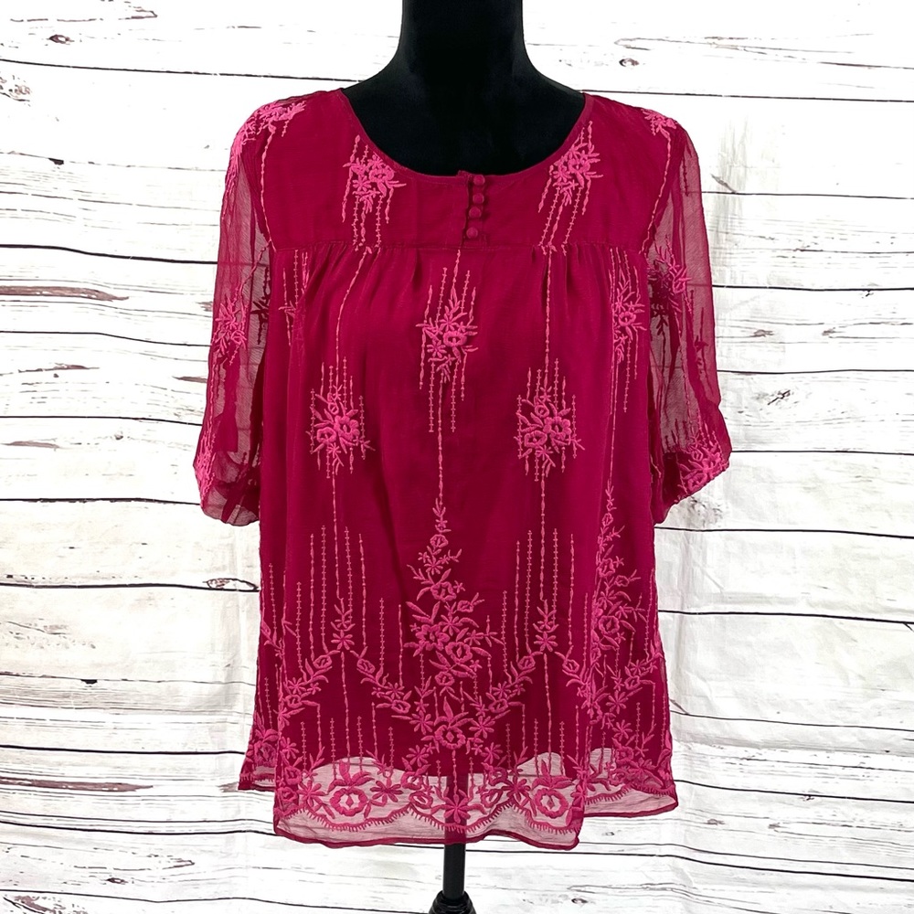 Sundance Cora Top Womens Size S Embroidered Blouse‎ Fuschia.